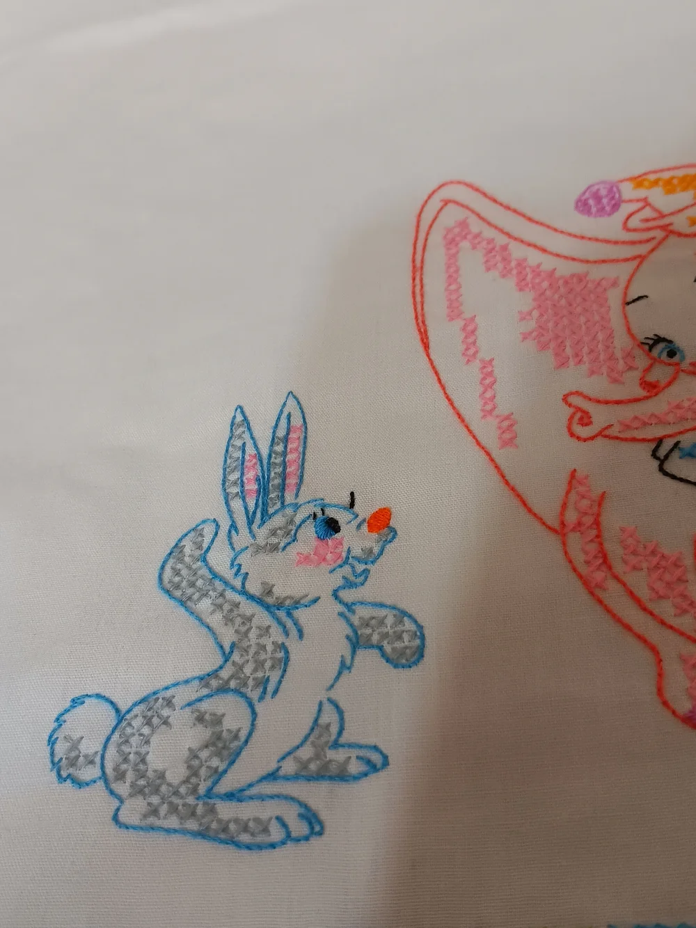 Embroidered Elephant & Bunny Vintage Cotton Crib Sheet Set - Pink, Blue, Cream